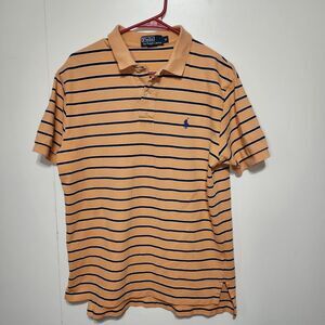 Polo Ralph Lauren Men’s Med Orange Navy Striped Shirt 100% Cotton Preppy Y2K